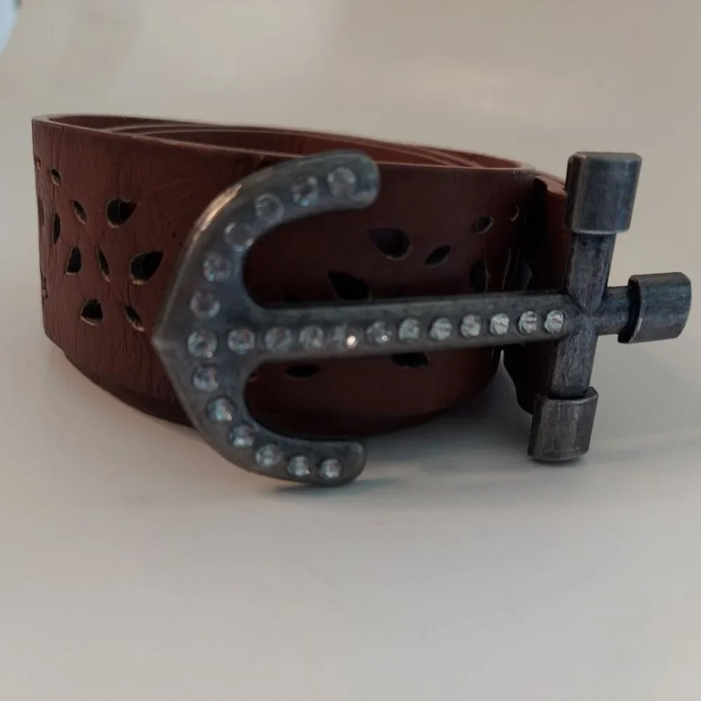 Brown Faux Leather Belt Anchor Buckle Rhinestones Nautical Navy Sailing S / M